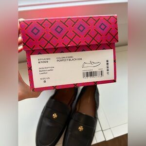 Tory Burch Black “Logo Leather Ballet Loafers” with Gold Logo. Worn once.